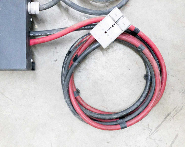 Output cable detail — red and black heavy-gauge cables with Anderson SB connector and cable tie bundle