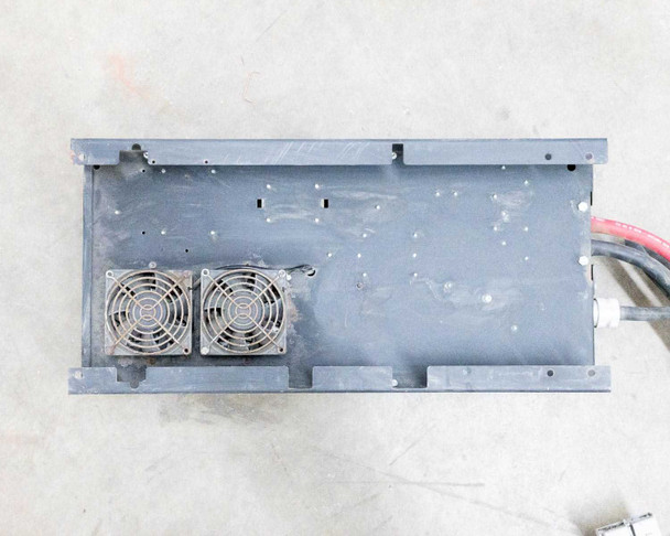 PowerHouse ACCESS 10/36/C bottom panel view — two internal cooling fans visible on underside, aluminum base plate with mounting flanges