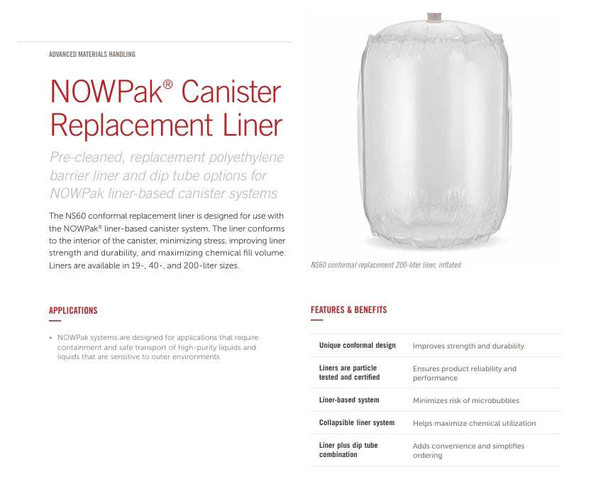 Entegris NOWPak NL-200-NS60G-1 & NDTV-T200 200L Liner & Diptube Qty 20, 10 Each