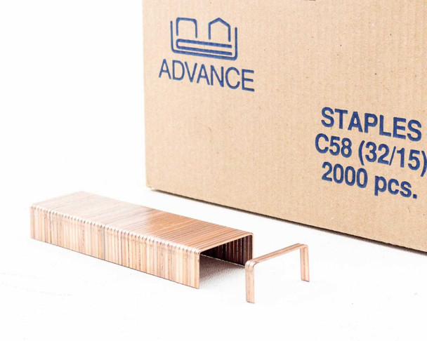 Advance C58 glued stick staples close-up showing individual copper-coated staple strips