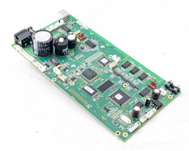 Zebra 404720-001P P110i replacement logic board — angled top view showing component side with large capacitors and multi-chip layout