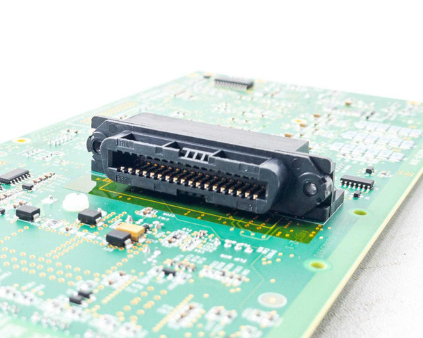 Zebra 404720-001P P110i board — close-up of multi-pin printhead/ribbon connector on PCB underside