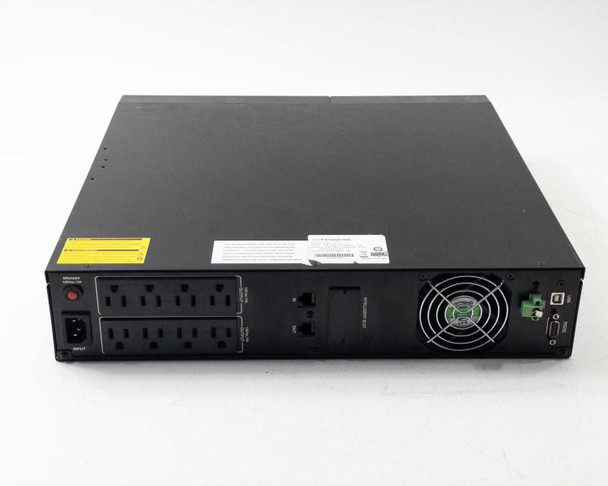 Xtreme Power Conversion V80-1kLi1 – rear panel overview showing 8 NEMA 5-15R outlets, IEC input, USB port, RS-232, EPO connector, exhaust fan, and intelligent slot