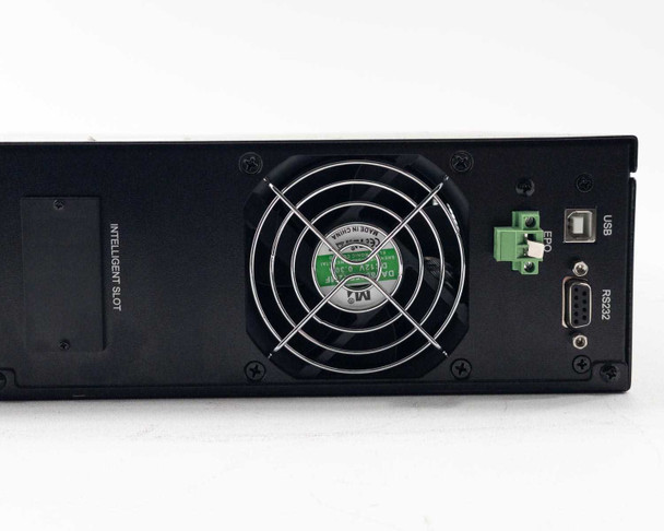 Xtreme Power Conversion V80-1kLi1 – close-up of rear right showing exhaust fan, USB Type-B port, EPO terminal block, and DB-9 RS-232 port
