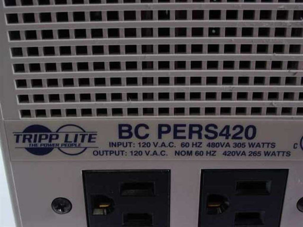 Tripp Lite BC PERS420 rating plate close-up: Input 120VAC 60Hz 480VA 305W, Output 120VAC 60Hz 420VA 265W