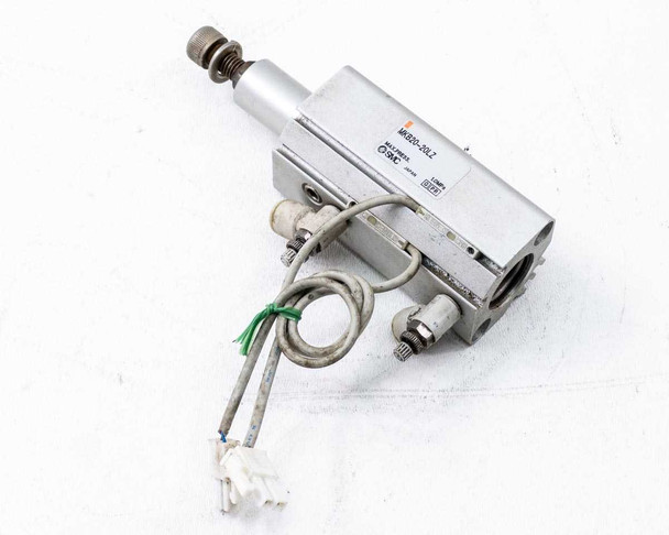 SMC MKB20-20LZ Pneumatic Clamp Cylinder — three-quarter front view showing cylinder body, pneumatic fittings, and wiring