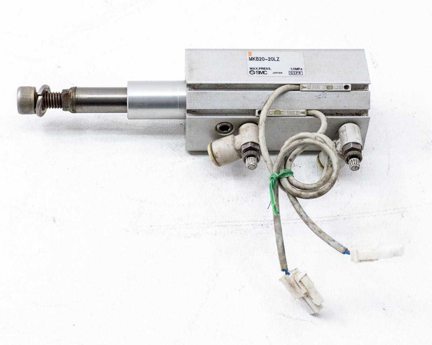 SMC MKB20-20LZ Rotary Clamp Cylinder — front-facing view showing bore end cap, model label, and inline push-in pneumatic fittings