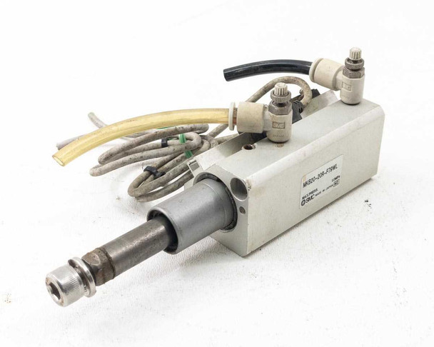 SMC MKB20-20R-F79WL Pneumatic Rotary Clamp Cylinder – angled right side view showing extended clamp shaft and pneumatic fittings on top
