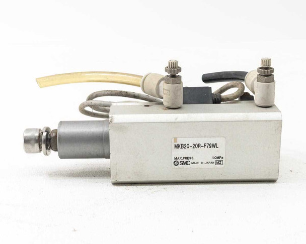 SMC MKB20-20R-F79WL Pneumatic Rotary Clamp Cylinder – front label view showing model number MKB20-20R-F79WL, MAX.PRESS 1.0MPa, SMC Made in Japan