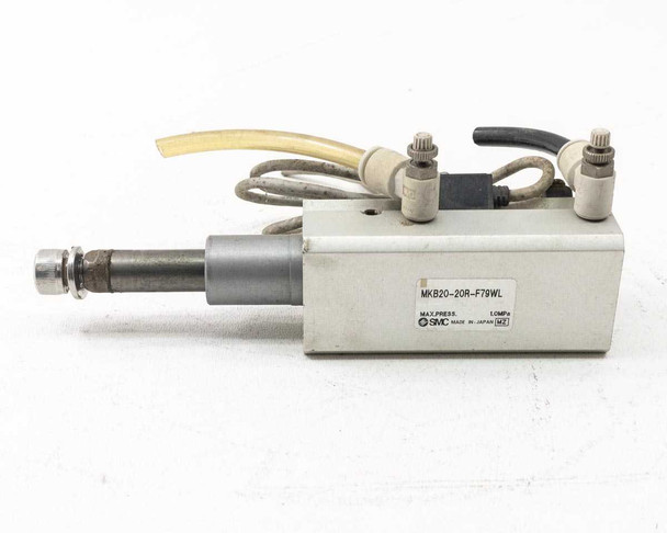 SMC MKB20-20R-F79WL Pneumatic Rotary Clamp Cylinder – side view showing cylinder body, label, and clamp shaft extended