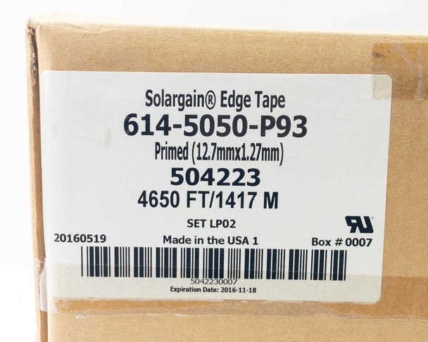 Close-up of Quanex Solargain Edge Tape 614-5050-P93 box label showing primed 12.7mm x 1.27mm dimensions, lot 504223, 4650 FT/1417 M, Set LP02, Made in USA, Box #0007