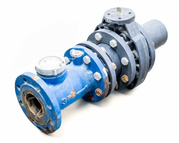 Arad WM80 3-inch agricultural water meter with attached valve — full assembly, angled overhead view showing blue meter body and gray valve flanges