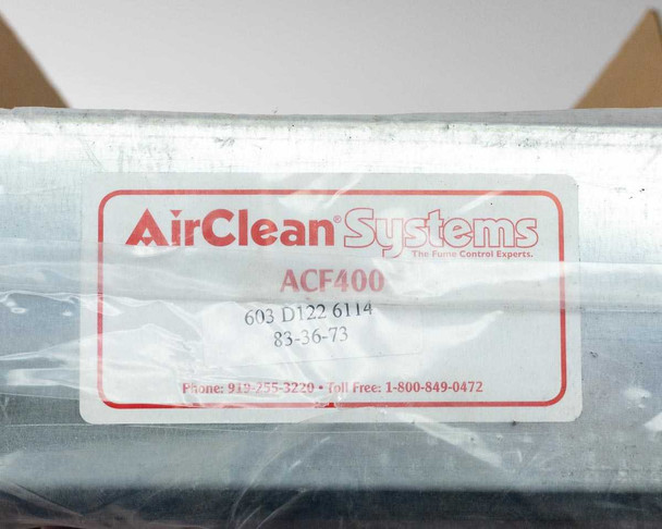 AirClean Systems ACF400 product label closeup showing model number, part numbers 603 D122 6114 and 85-36-73