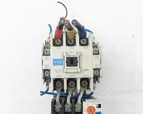 Mitsubishi S-N35 contactor front face showing pole labeling 1/L1 3/L2 5/L3 and TH-N20TAKP relay label