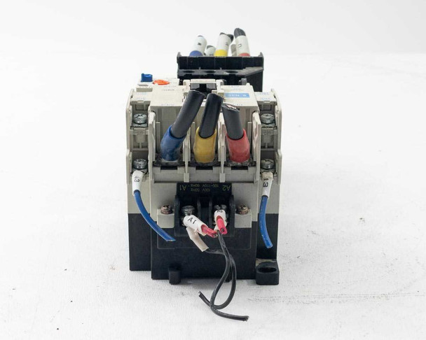 Mitsubishi S-N35 contactor – coil side view showing coil lead wires and auxiliary contact block