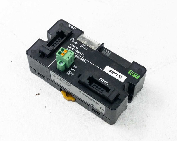 Omron CRS1-RPT01 CompoNet Network Power Supply Repeater – angled top view showing PORT1, PORT2 connectors and green screw terminal power input