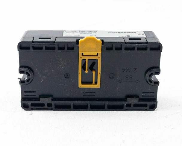 Omron CRS1-RPT01 – bottom view showing yellow DIN rail latch and CRS1-RPT01 label