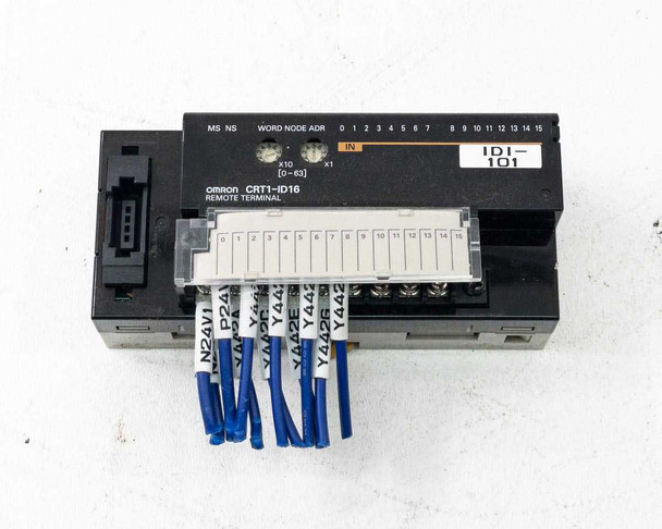 Omron CRT1-ID16 Remote Terminal Input Module – front view showing CompoBus/D label, MS/NS LEDs, WORD NODE ADR dials, and 16-channel terminal strip