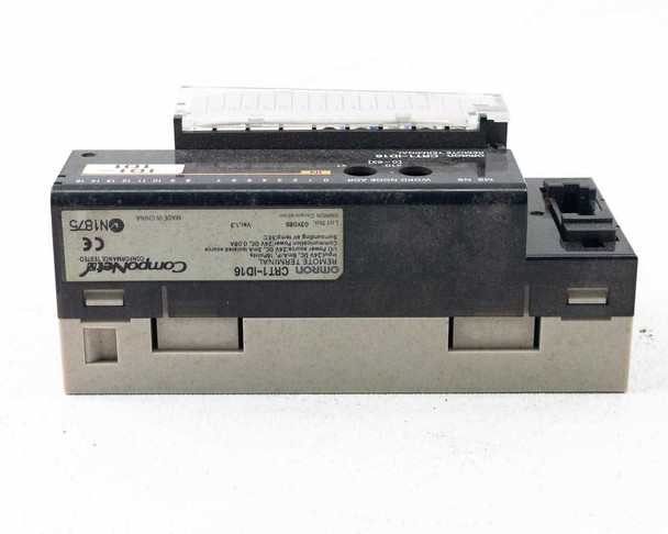 Omron CRT1-ID16 Remote Terminal Input Module – rear label view showing CompoBus/D certification, CE marking, and model identification