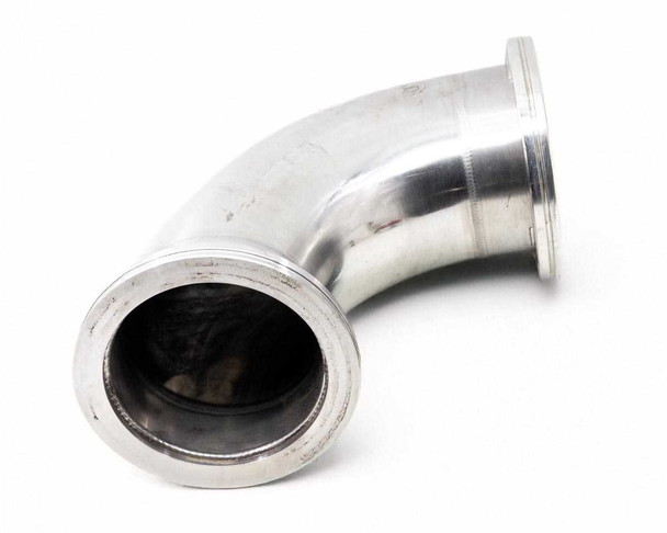 SS 304 high vacuum 90-degree elbow — angled view showing bore interior and flange face detail