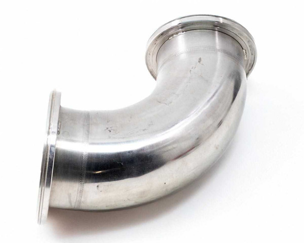 Stainless Steel 304 ISO-K vacuum elbow — three-quarter view showing weld seam and flange geometry