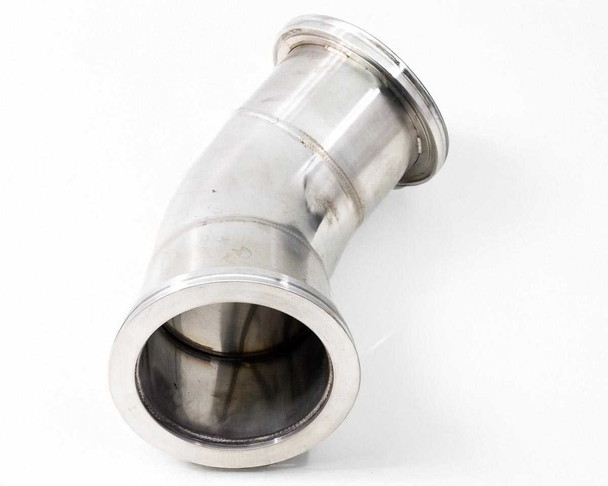 SS 304 high vacuum 45-degree ISO-K elbow — angled three-quarter view showing interior bore and flange sealing surfaces