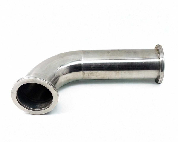 SS 304 high vacuum 90-degree elbow pipe – right-side view showing extended leg and both ISO-K flange ends with visible surface brushing
