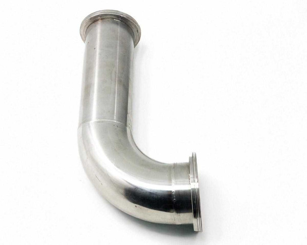 Stainless Steel 304 vacuum elbow pipe – elevated front view showing J-shaped extended elbow geometry and both ISO-K flange openings