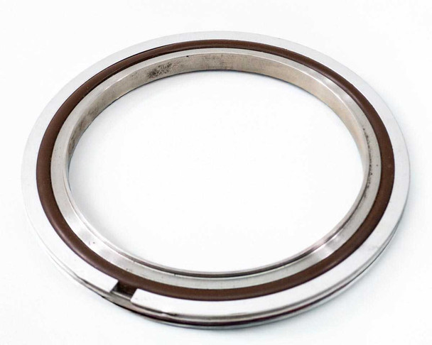 ISO-K high vacuum centering ring seal, 304 stainless steel with brown Viton O-ring, top view showing full ring face and bore