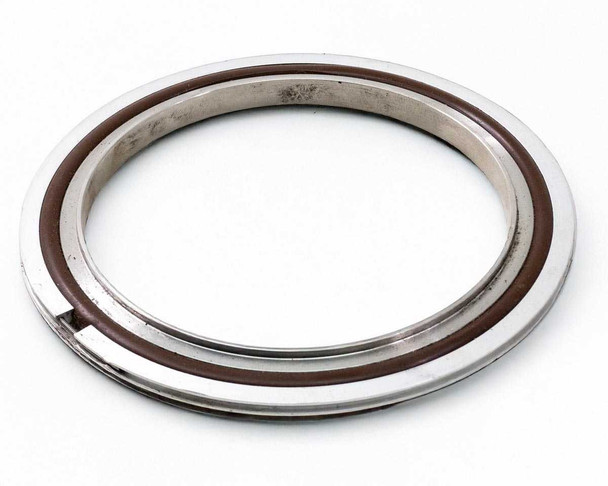 ISO-K high vacuum 304 stainless centering ring seal, slightly angled top view showing O-ring seating surface and outer flange edge