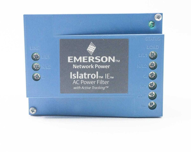 Emerson Islatrol IE-110 AC Power Filter – straight front view showing LINE and STATUS/LOAD terminal rows and Emerson Network Power label