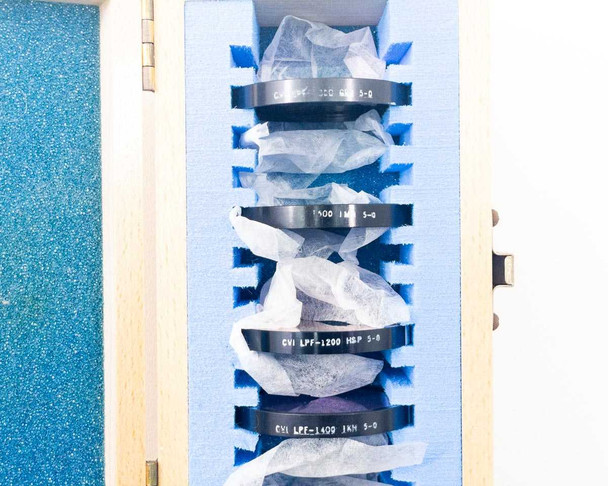 CVI Laser LPFS-IR-2.00 – close-up of filter labels inside case showing lot numbers including LPF-1200 and LPF-1400 markings