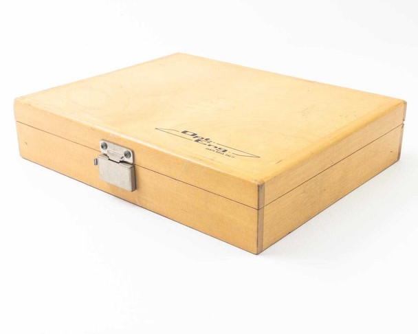 Optical Engineering wooden carry case — closed top view showing Opt-Eng logo and metal latch