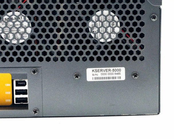 Kaleidescape KServer-5000 — front lower door open showing drive bays and broken hinge latch mechanism