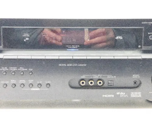 Pioneer VSX-917V-K lower front panel close-up showing standby button, headphone jack, function buttons and listening mode controls