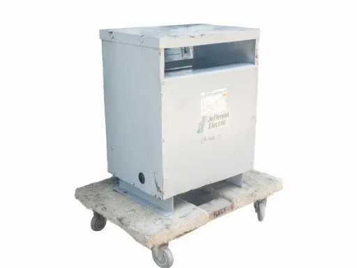 Jefferson Electric 423-3194-055 30 kVA dry type transformer – three-quarter front-left view on pallet dolly