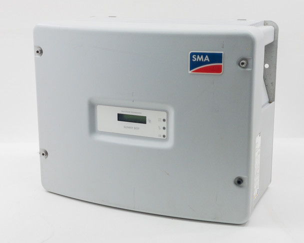 SMA Sunny Boy SB3000US grid-tie solar inverter — front view, closed NEMA 3R enclosure with LCD display panel and SMA logo