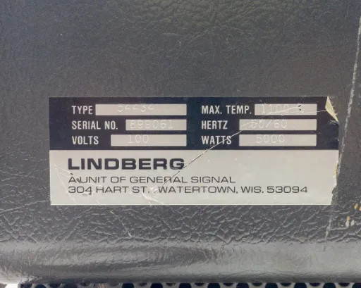 Lindberg 54434 nameplate label showing Type 54434, Serial Number, Volts 100, Max Temp 1100°C, Hertz 50/60, Watts 5000 — Lindberg a unit of General Signal, Watertown WI