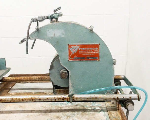 Pistorius Model C Radial Saw side view showing blade guard, water coolant fitting, and nameplate