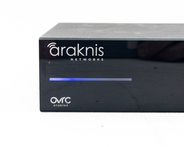 Araknis AN-310-SW-R-8-POE — close-up of front panel top-left corner showing Araknis Networks logo, blue status LED bar, and OvrC Enabled badge