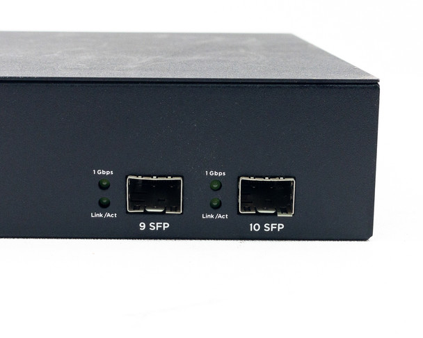 Araknis AN-310-SW-R-8-POE — rear panel close-up of dual SFP uplink ports (9 SFP and 10 SFP) with 1 Gbps Link/Act LED indicators
