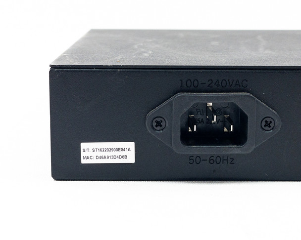 Araknis AN-310-SW-R-8-POE — rear panel left side close-up showing IEC C14 power connector rated 100-240VAC 50-60Hz and serial/MAC label