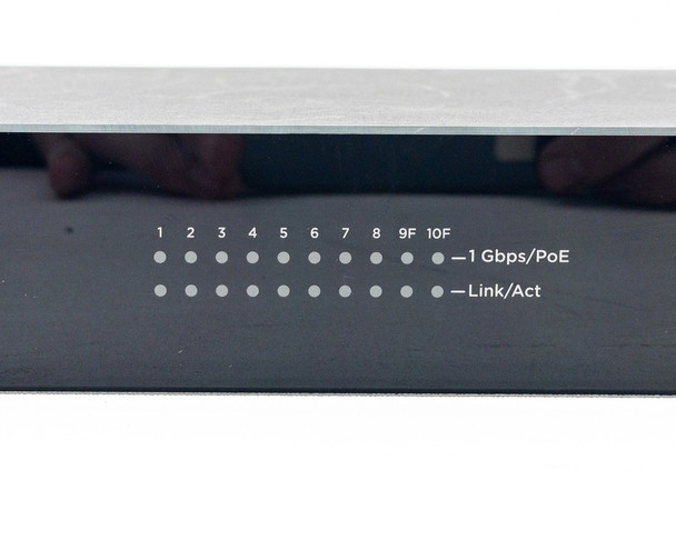 Araknis AN-310-SW-R-8-POE — close-up of front panel LED indicator array showing 1 Gbps/PoE and Link/Act rows for all 10 ports