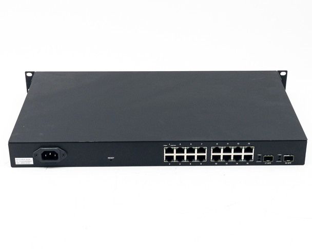 Rear panel of Araknis AN-210-SW-R-16-POE showing IEC power inlet, reset button, 16 RJ-45 Gigabit ports, and 2 SFP uplink slots