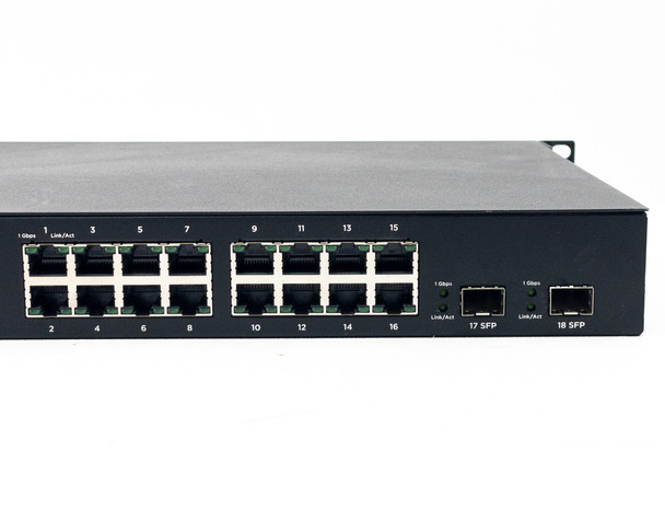 Rear port detail of Araknis AN-210-SW-R-16-POE showing 16 RJ-45 Gigabit Ethernet ports numbered 1–16 and two SFP slots labeled 17 SFP and 18 SFP