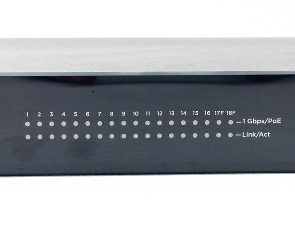 Close-up of front panel LED indicators for ports 1–18F on Araknis AN-210-SW-R-16-POE showing 1 Gbps/PoE and Link/Act LED rows