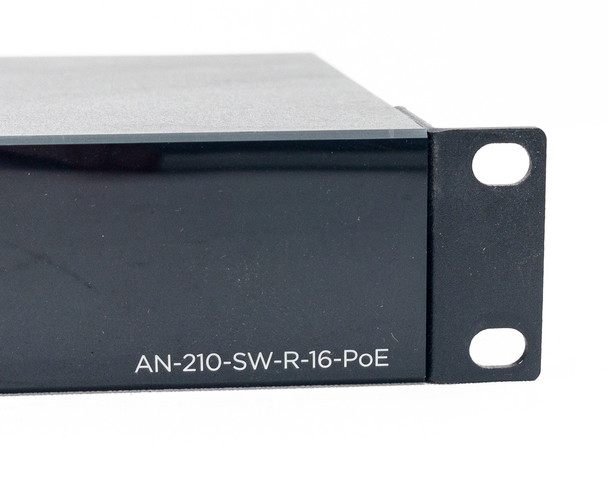 Right-side corner of Araknis AN-210-SW-R-16-POE front panel showing AN-210-SW-R-16-POE model number label on chassis