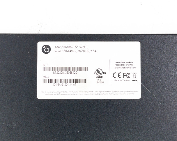 Bottom label of Araknis AN-210-SW-R-16-POE showing model number, power input specs (100–240V, 50–60Hz, 2.5A), serial number barcode, MAC address, UL listing, CE and FCC marks, and Made in Taiwan