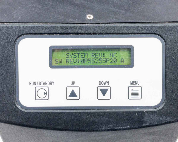 ThermoTek T255P — front panel LCD display showing SYSTEM REV NC and SW REV 0P5S255P20 A firmware revision screen