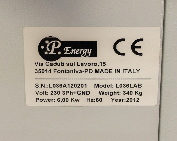 L036LAB rear view — vacuum pump connection and electrical terminal board showing 230V 3-phase connector